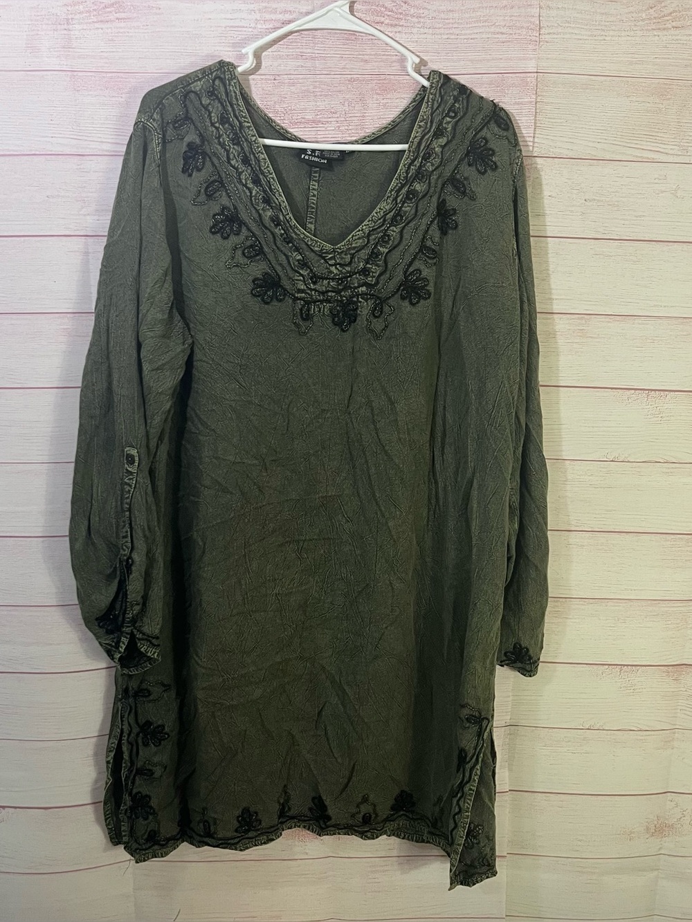 S.R. Fashions 100% Rayon Olive Green V Neckline Embroidered Dress Size 1X